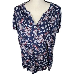 Westport Pleated Front Henley Style Blouse, Blue/Red, 1X